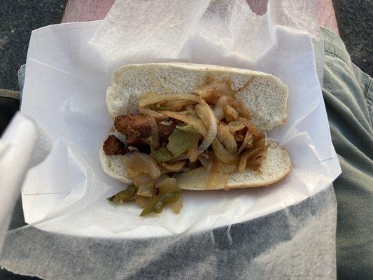 An $11 vegan sausage & "vegetable" sandwich. Can you spot the sausage? Go ahead, take a minute.