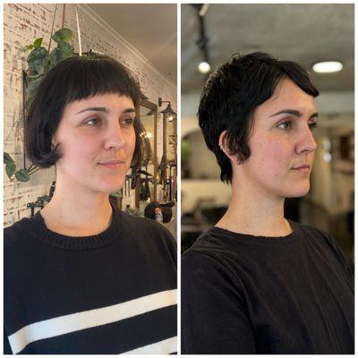 Before and after pixie haircut by Laura Dee text (714) 906-0079 to book