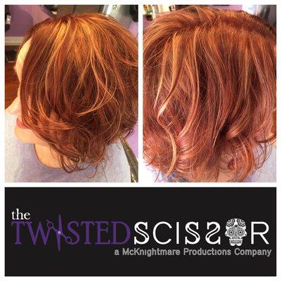 A coppery red and blonde shaggy bob looks fantastic curled and shaken loose!!