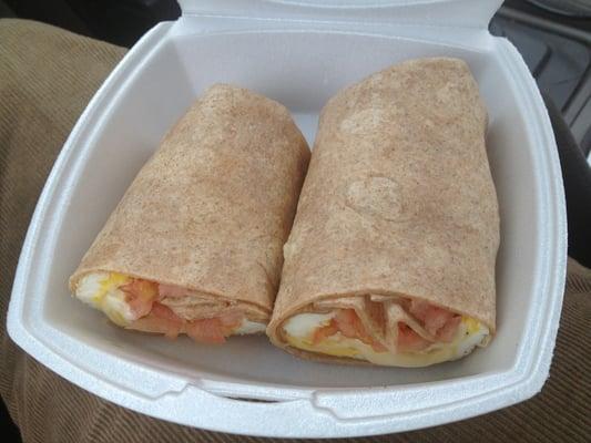 Egg, provolone and tomato in a whole wheat wrap - $2.50 incl tax