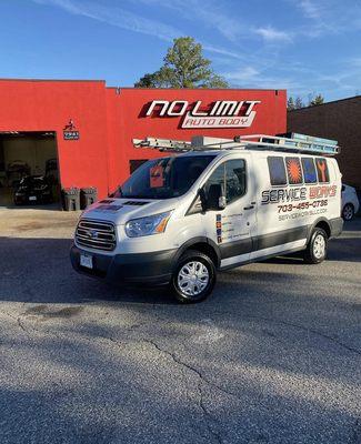 Service works van in for new front bumper