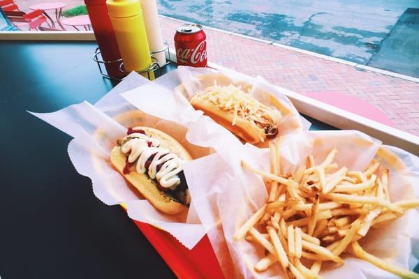 A turporken dog, a pastrami dog and Sm fries.