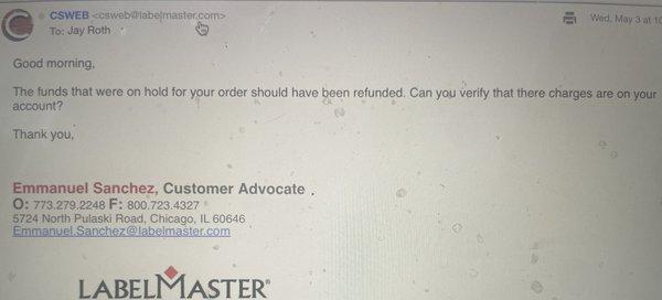 Scam email from 'customer advocate Emmanuel Sanchez at LabelMaster