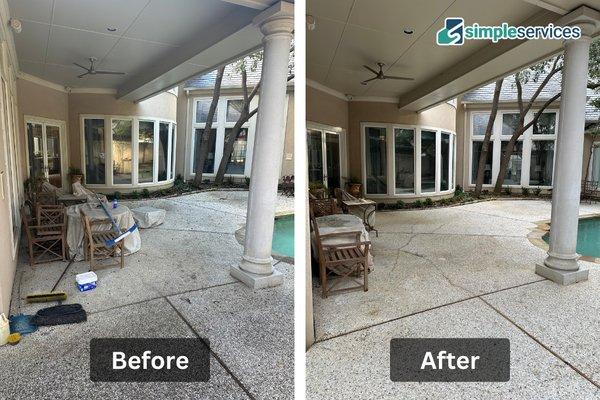 We power washed this concrete patio with soft-wash post treatment to keep it clean for longer. See the difference yourself!