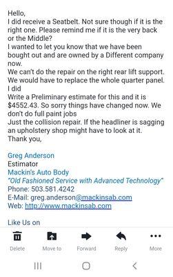 Email of the massive increase in cost because estimator greg couldnt do his job and follow up on a part