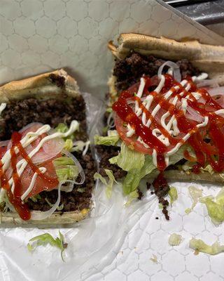 "Chopped cheese"                 The freshest 11oz ground beef,  lettuce, tomato, onions, ketchup, and Mayo