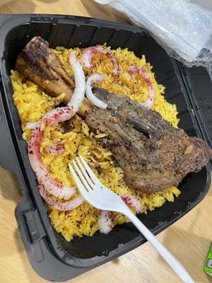 Lamb Shank platter with rice and side salad