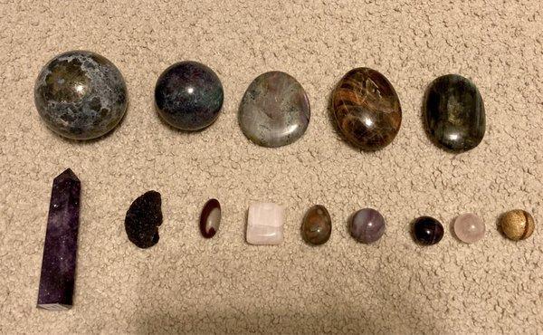 Agate/pyrite orb; fuschite/ruby orb; labradorite (grey/pinkish); black moonstone; dark grey/blue labradorite; Lepidolite tower; and more...