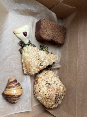 honey loaf, rugelach, ham and cheese scone, hamantaschen, and kale feta pastry!