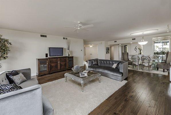 Living and Dining Area in a Sanctuary Condo on Longboat Key. Professionally Staged by Doshia Wagner of NonStop Staging.