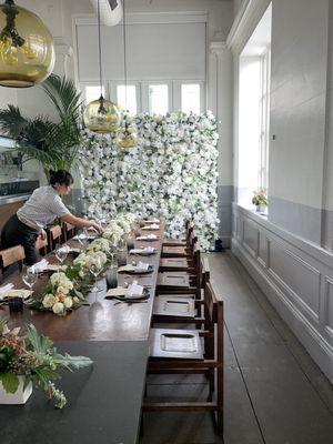 Winter White Flower Wall Event Rental for an Amazing Bridal Party at the Chef's Table