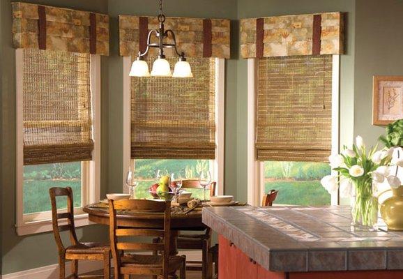 Custom designed woven wood Roman shades with mock Roman valances installed in Irvine, CA