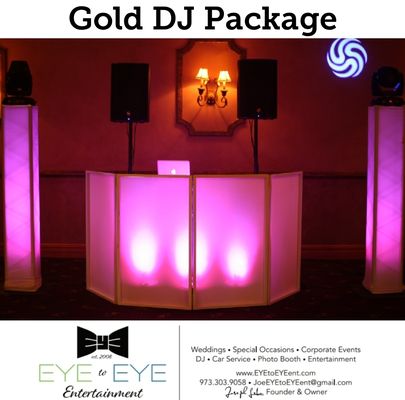 Gold Pkg: 1 DJ/MC, 2 Intelligent Lighting moving heads to enhance the dance floor, State of the Art Sound System, Glow Booth & Wireless Mic