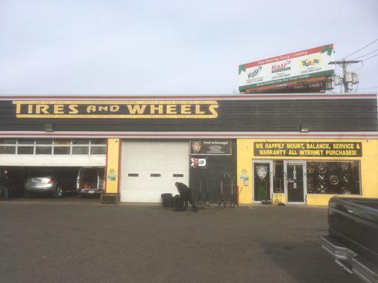 Tires and Wheels. That's the name, and that's what they do. Great service, good attitude.