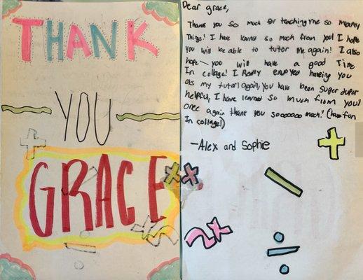 Here is a thank you card from one student to their tutor.