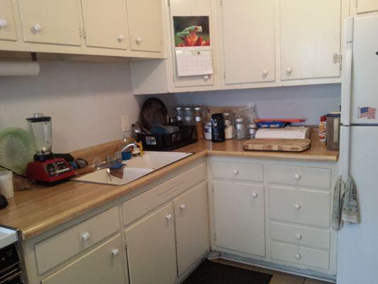 Original kitchen setup - yes that is ALL the countertop!  Sink has been removed and all plumbing on that side capped off.