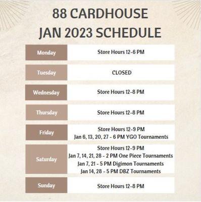 Jan'23 Tournament Schedule