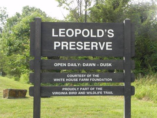 Leopold's Preserve entrance sign, located at parking lot.