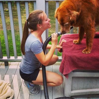 Brieanna, the owner of Paws Salute, drying her golden retriever Zoey, after a nice moisturizing bath!!