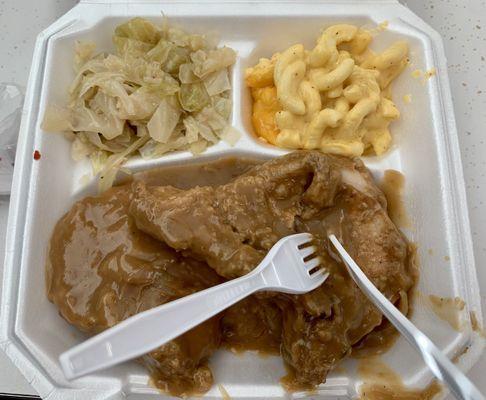 Smothered pork chops. They were so tender I didn't need the knife.