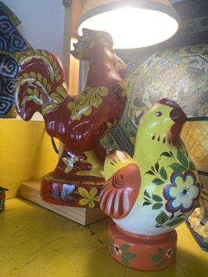 Hand painted hens and raucous roosters