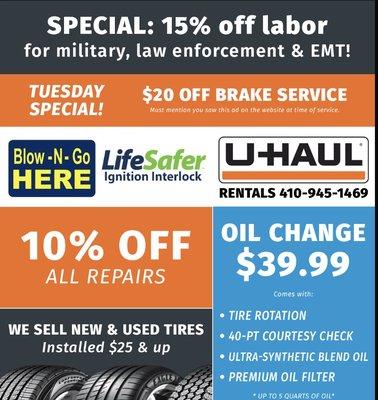 u haul rental
 life safer services
 new and used tires