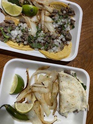 Quesadilla and tacos de asada