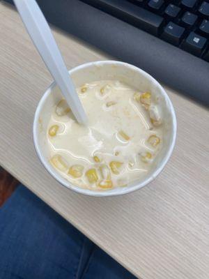 The soup-y cold corn. As you can see there's nothing but a sour cream tasting liquid and cold, non grilled corn.