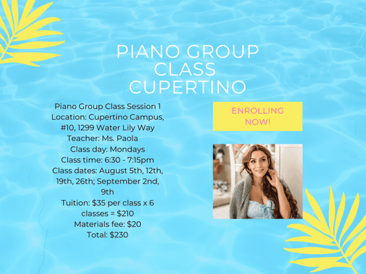 Sign up now for our beginning piano group class in Cupertino with Teacher Paola!