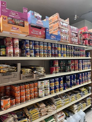 Canned food goods, soups, spices, different types of beans, and more!