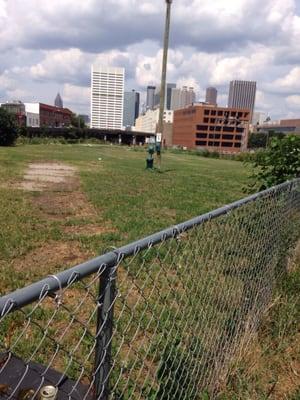 Looking into the larger fenced section, you can see a garden halfway out.