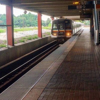 July 25, 2017; Train approaching platform at Marta Lakewood - McPherson Station, Atlanta GA