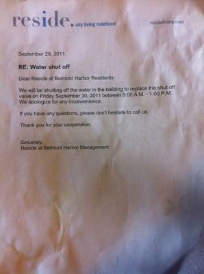 Water shut off Sept 29