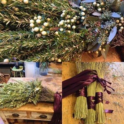 We love alternatives to conventional casket sprays--huge bundles and garlands of rosemary, lavender, and eucalyptus.