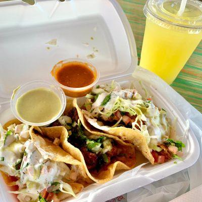 Taco Tuesday Special: Grilled fish taco + Al pastor taco + Baja fish taco + pineapple Aguas Frescas