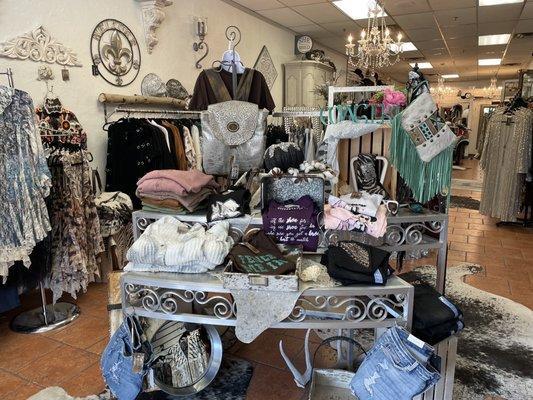 Front display, clothing, handbags, and accessories