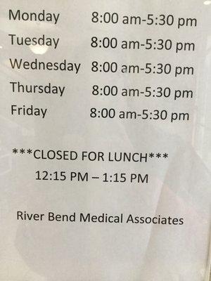 Closed for lunch 12:15-1:15PM