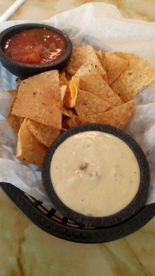 El Charro's chips with red salsa and light cheese dip.