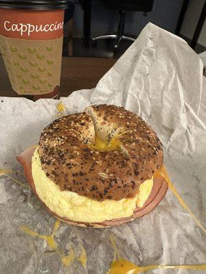 Latte and Everything Bagel with Ham, egg, and cheese