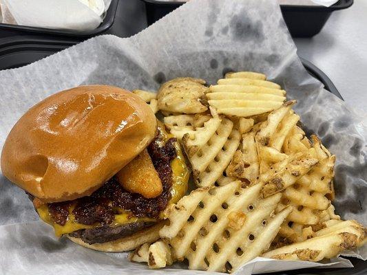 Bacon jam burger and waffle fries!!