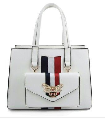 All white with black and red stripe/ Bee design handbag $50