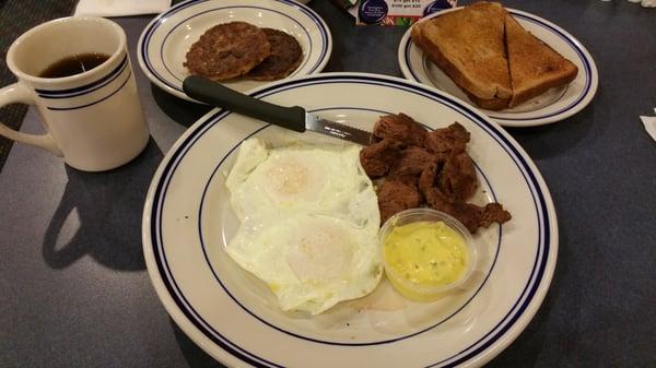 Filet Tips and Eggs (with a side of sausage :)