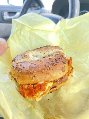 Chorizo, egg and cheese everything bagel. So yummy‍