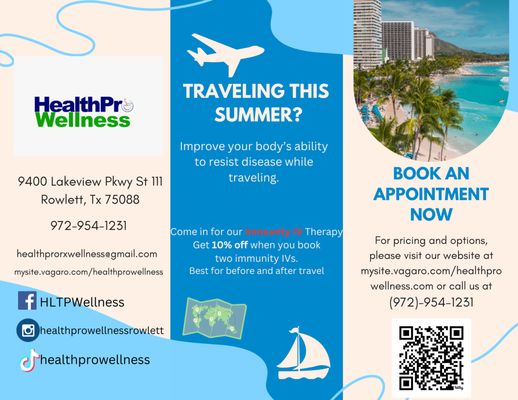 Travelling This Summer? Learn more about our Immunity IV. https://mysite.vagaro.com/healthprowellness