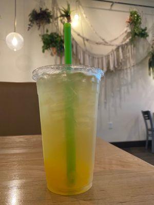 Mango green tea with boba bursts! So yummy!