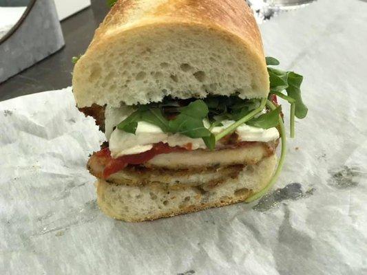 Chicken cutlet fresh mozz roasted pep and arugula