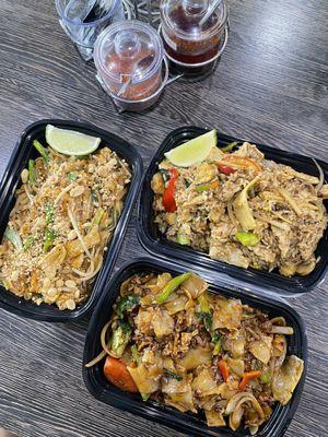 Pad Thai, Basil Fried Rice, Pad Kee Mow (drunken noodles)