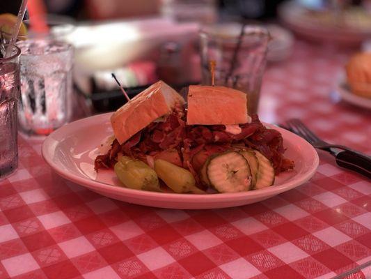 Luigi's Pastrami sandwich on a soft roll  Hot Pastrami