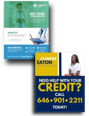 Custom made flyers for credit and a hospital.