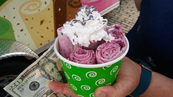 Lavender ice cream with strawberries and raspberries.